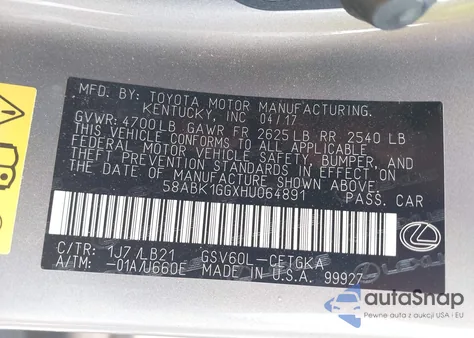 2017 Lexus Es 350 from USA, damaged, VIN 58ABK1GGXHU064891